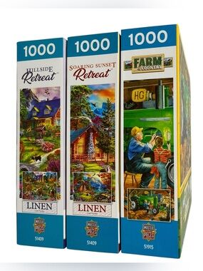 MasterPieces Lot of 3 Jigsaw Puzzles 1000 Piece Linen Collection Retreats & Farm